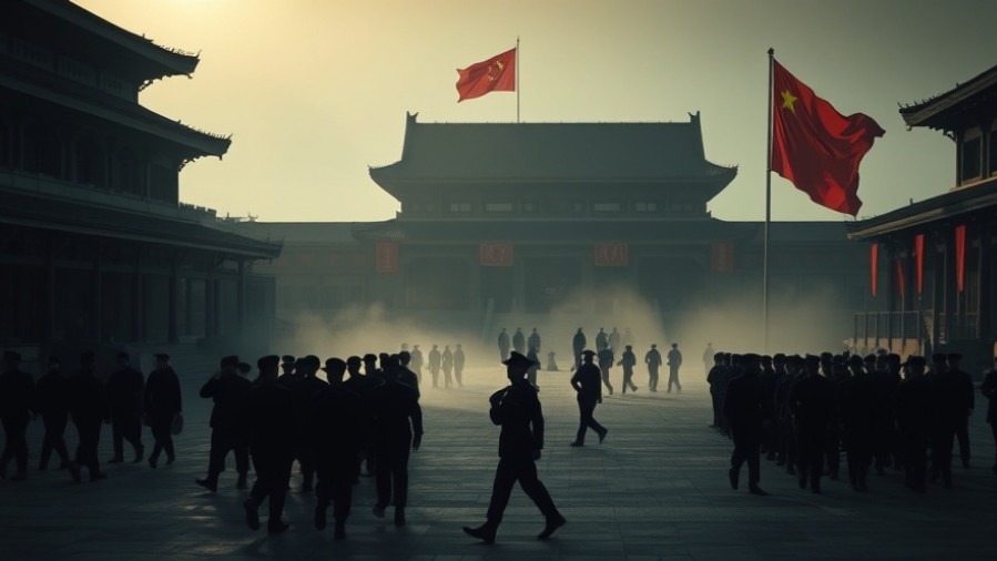 Cinematic view of a Chinese military base illustrating territory acquisition, with soldiers in disciplined formation.