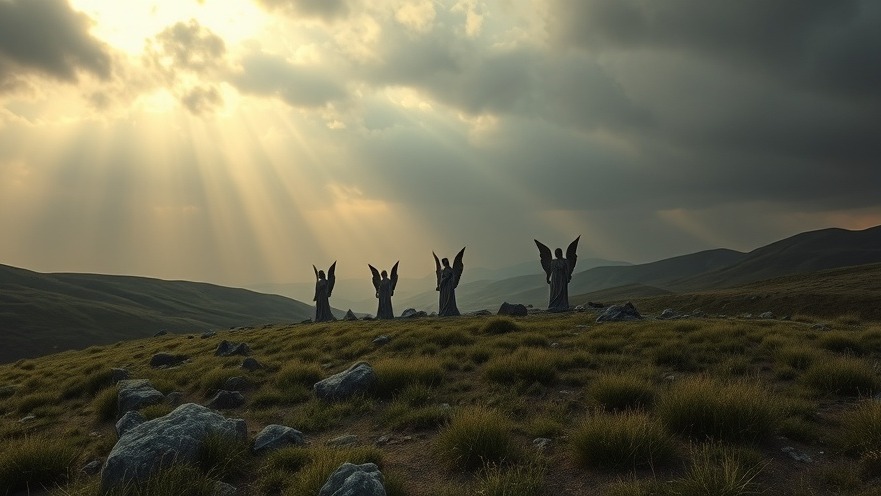 Realistic angels embodying calm authority in a serene earthly landscape, reflecting Jesus' sacrifice.