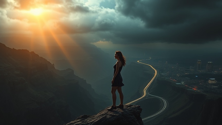 A woman stands firm in darkness, symbolizing faith perseverance and personal growth.