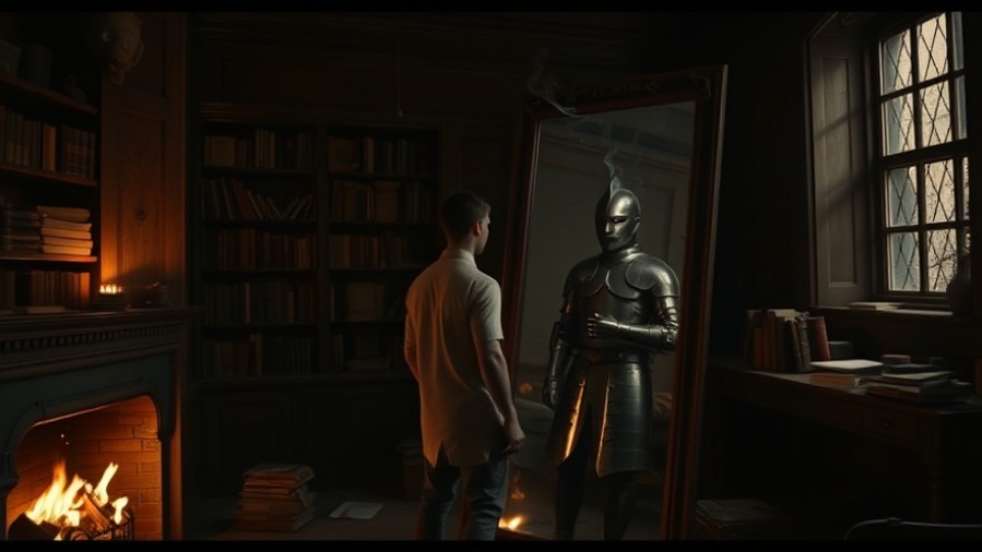 Young man in dark study reflects spiritual warfare in armor by fireplace.