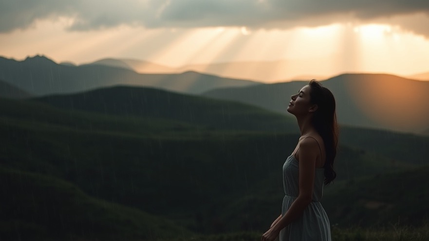 A woman embodies spiritual authority, speaking biblical declarations in a serene, rainy landscape.