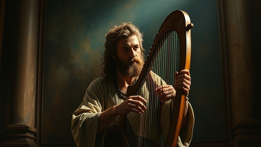 David with harp in a lifelike oil painting, symbolizing personal growth through distress.