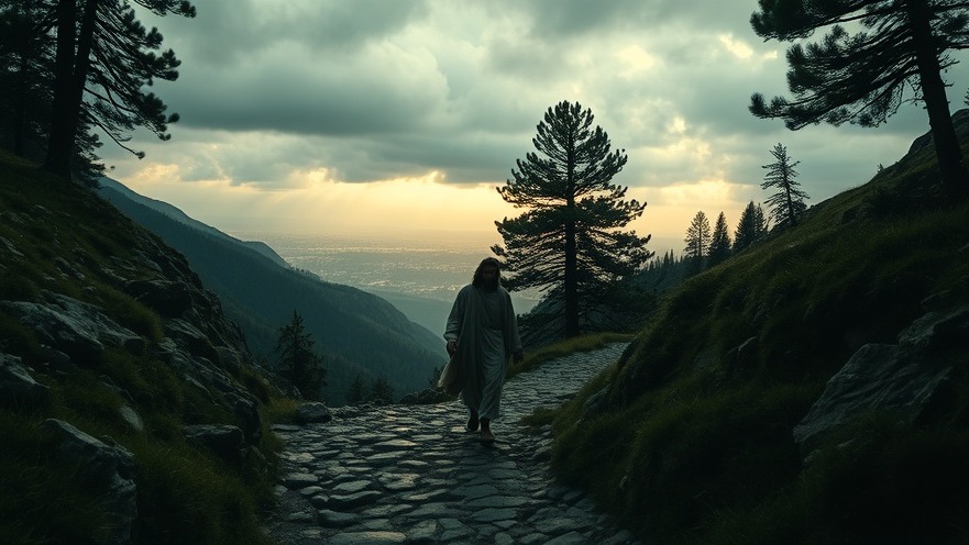 Jesus walking a rocky path in divine alignment, surrounded by a moody forest landscape.