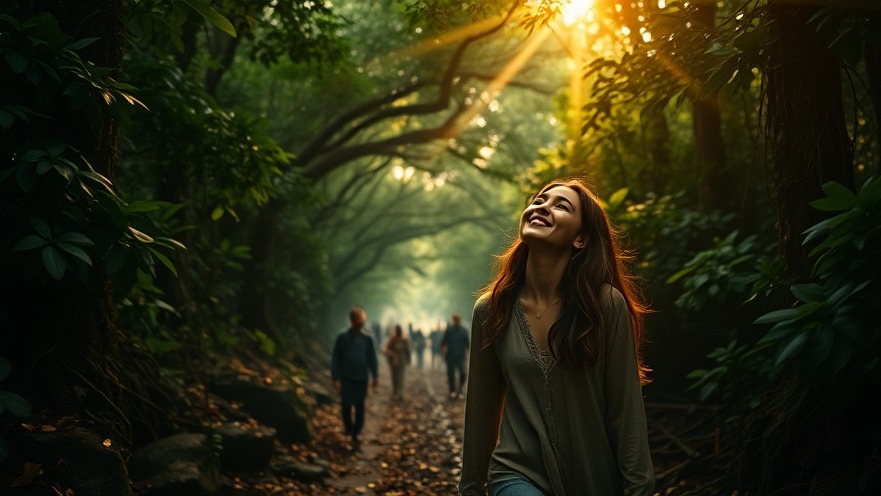 A joyful woman in a lush forest, embodying revival and spiritual breakthroughs.
