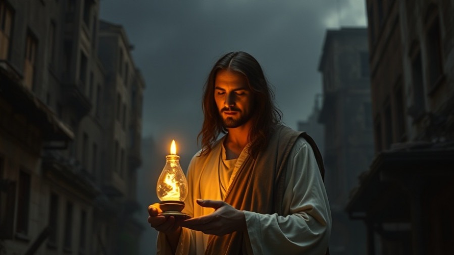 Lance Wallnau's vision of spiritual revival in a dim city, Jesus holds a glowing lamp.