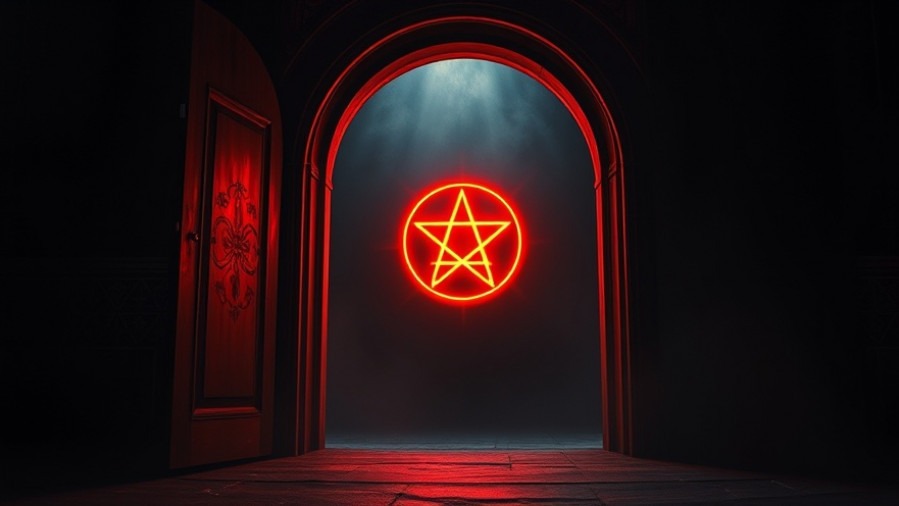 A dark portal glowing with red and gold light, representing spiritual warfare.