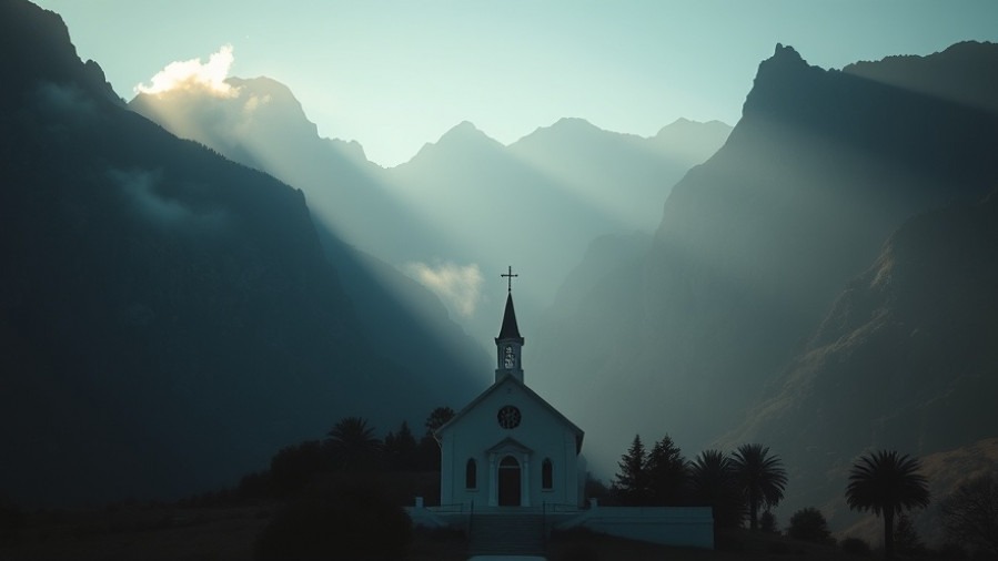 A solitary church in California mountains, embodying spiritual revival and community faith.