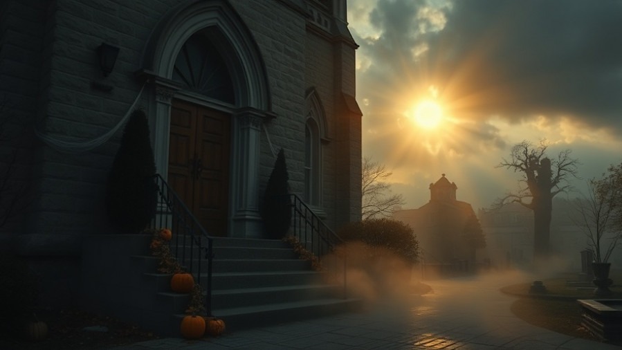 Cinematic church exterior with Halloween decor, embodying spiritual warfare themes.