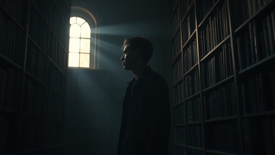 A young man ponders in a cozy, dimly lit library, embodying the spirit of Christian patriots.