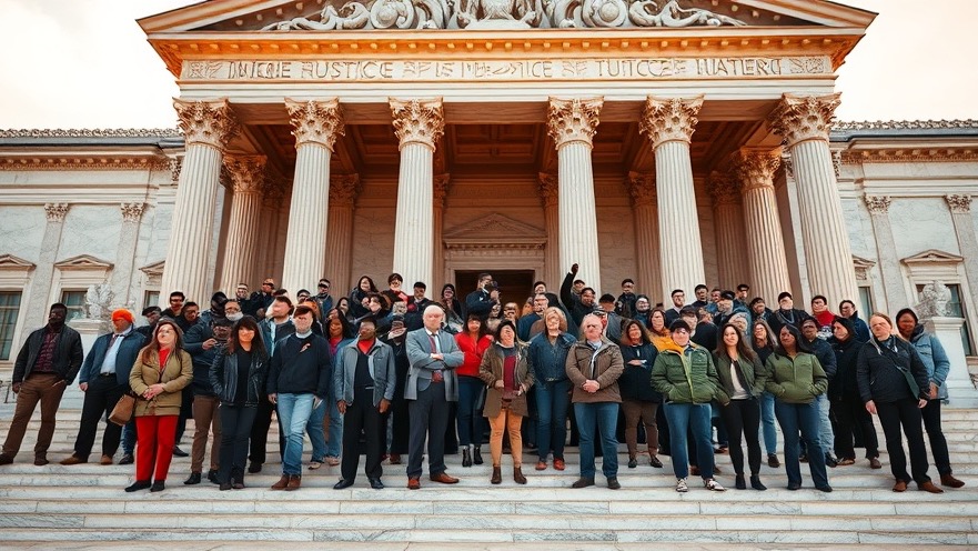 Diverse group of prophetic believers at courthouse, embodying justice and unity.