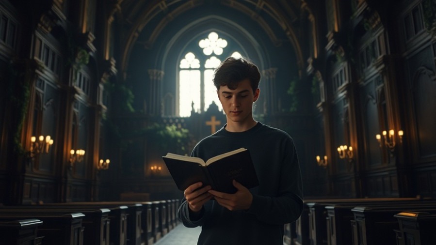 A spirit-filled Christian absorbed in prophetic insights, reading a glowing Bible in a lifelike church interior.