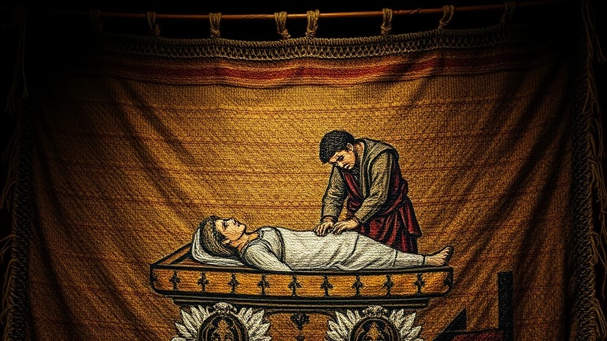 Ceremonial tapestry depicting two men preparing a body, embodying spiritual breakthrough.