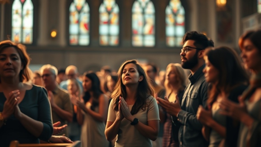 Believers united in prayer reflect spiritual warfare and prophetic warnings in a lit sanctuary.