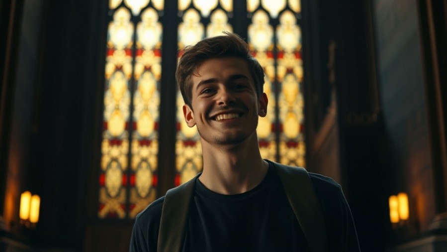 Young man leaving church, embodying spiritual support and community connection.