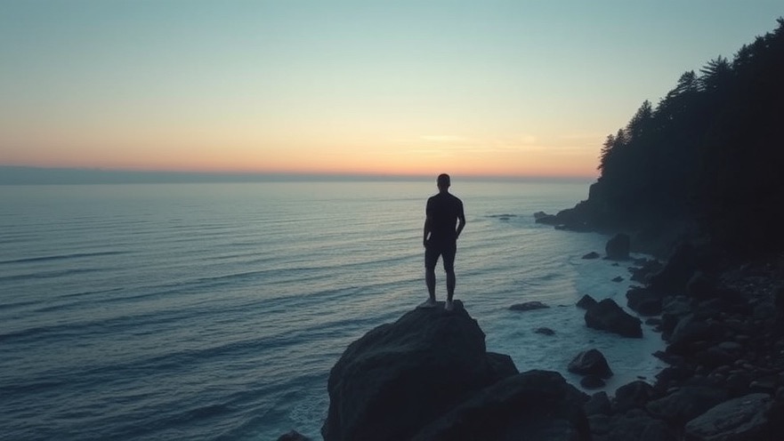 Individual achieving spiritual growth in serene balance at dawn by the ocean.