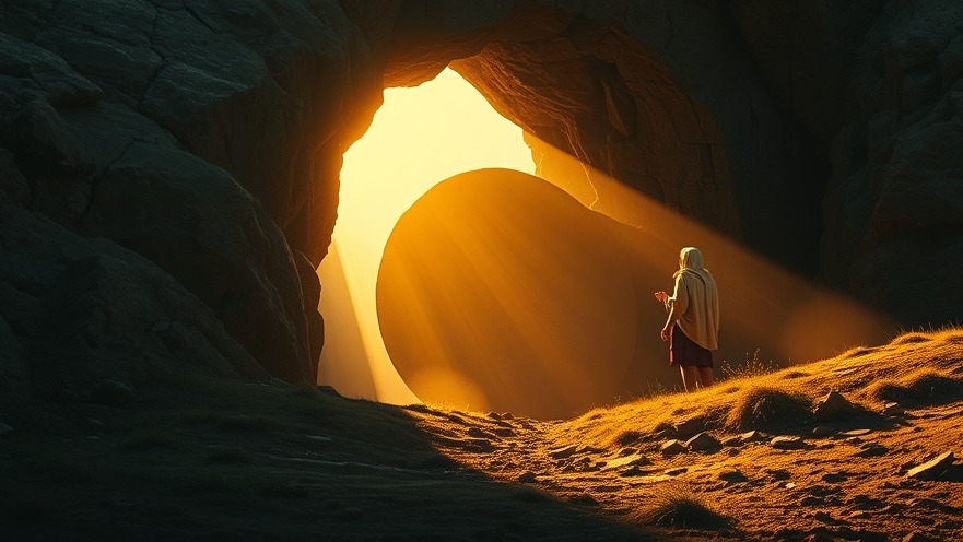 Cinematic dawn at Jesus' empty tomb, symbolizing resurrection power and spiritual breakthroughs.