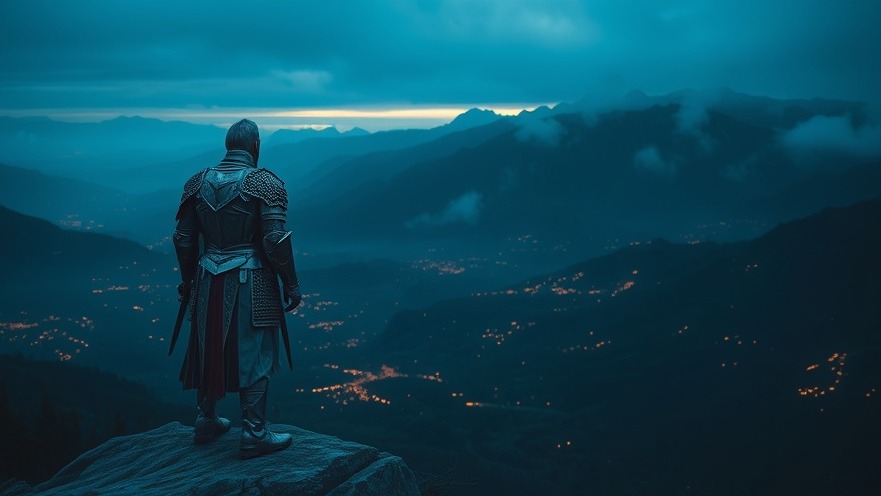 Rick Renner-inspired silver-armored warrior surveying a misty dawn landscape.