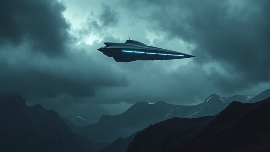Futuristic spaceship over rugged mountains, reflecting spiritual insights and advanced technology.
