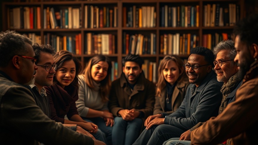 Diverse group discussing narrative control and belief systems in dim, warm lighting.