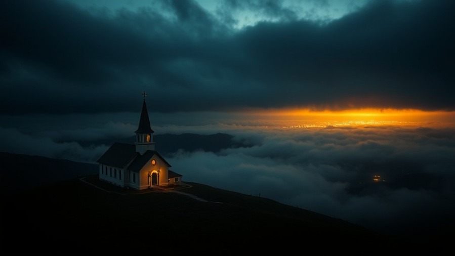 Majestic church on hill under 'Kingdom of God' glow, a serene spiritual warfare scene.