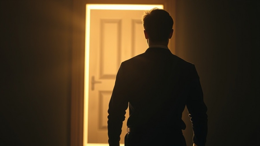 Confident figure stepping through a glowing doorway, symbolizing Lance Wallnau's personal breakthrough.