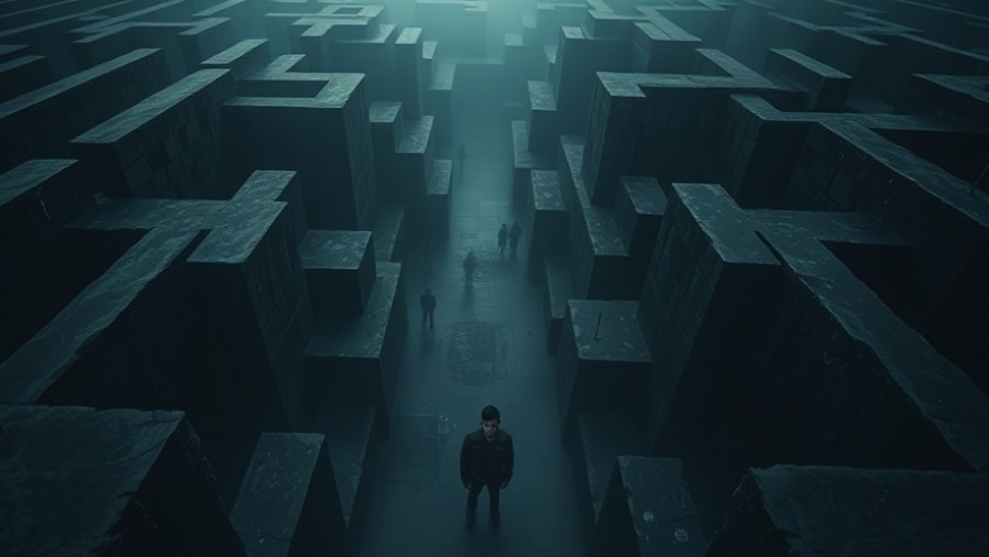 A young man stands resolutely in a dark maze, emphasizing spiritual growth and conflict resolution.