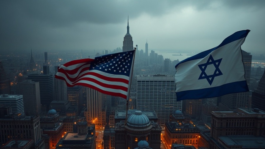 Cinematic cityscape of New York and Israel with flags, symbolizing Christian support for Israel.