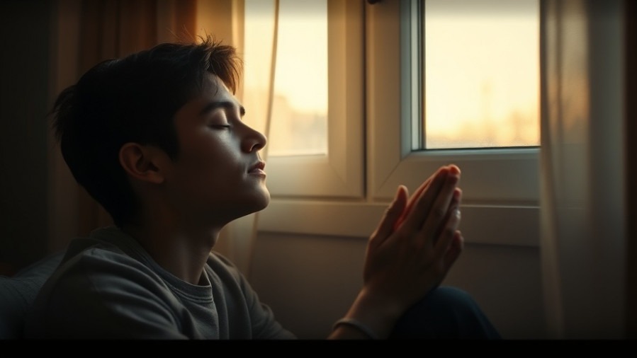 Young adult in quiet prayer, embodying spiritual awakening during Advent season.