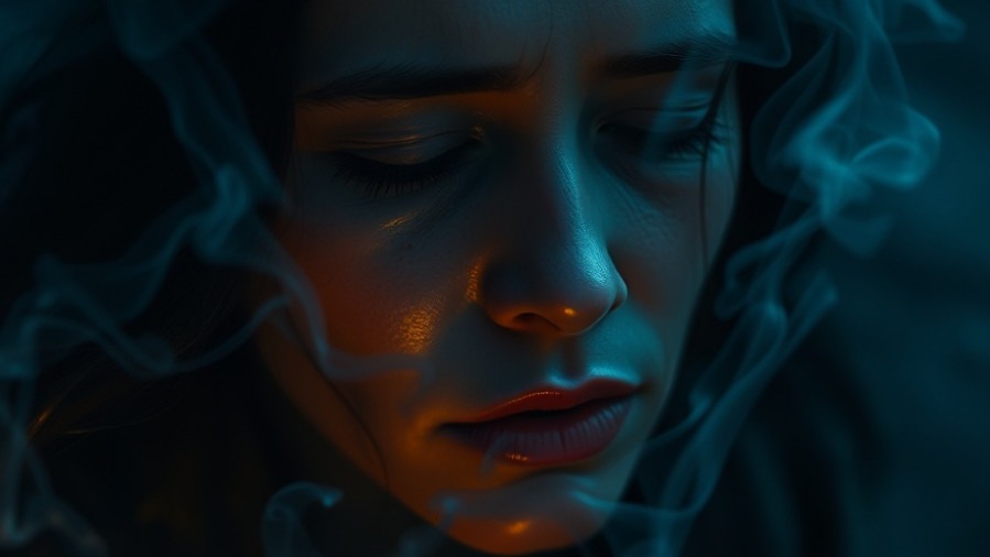 Distressed woman in spiritual warfare, evoking the power of prayer with tears and mist.