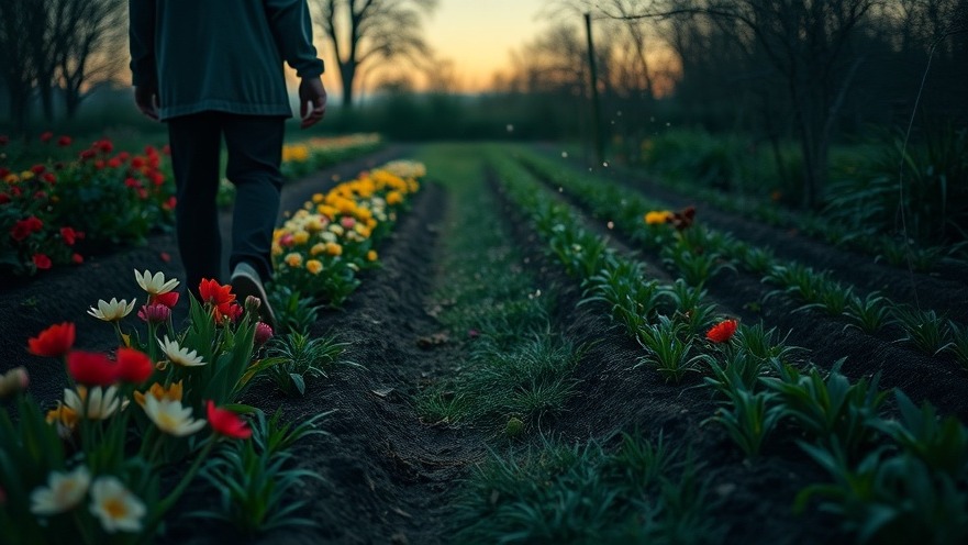 A figure sows seeds in a lush garden, symbolizing spiritual warfare and growth.