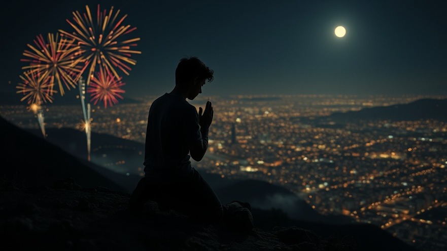 Young adult in prayer on a rocky hill, reflecting on prophetic insights and spiritual warfare.