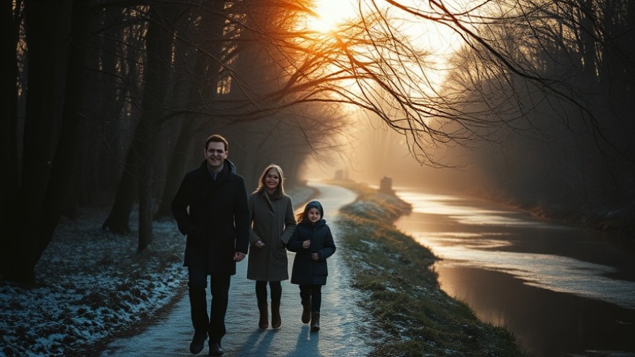 A family walking by a river in winter, showcasing the power of prayer and miracles.