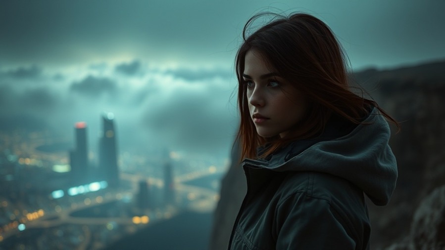 Young woman in a hooded jacket contemplating spiritual warfare and God's presence over a neon cyber city.