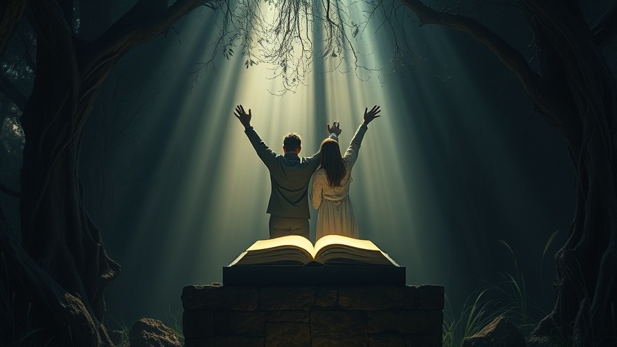 A couple in prayer, illuminated by a glowing book, embodying spiritual discernment.