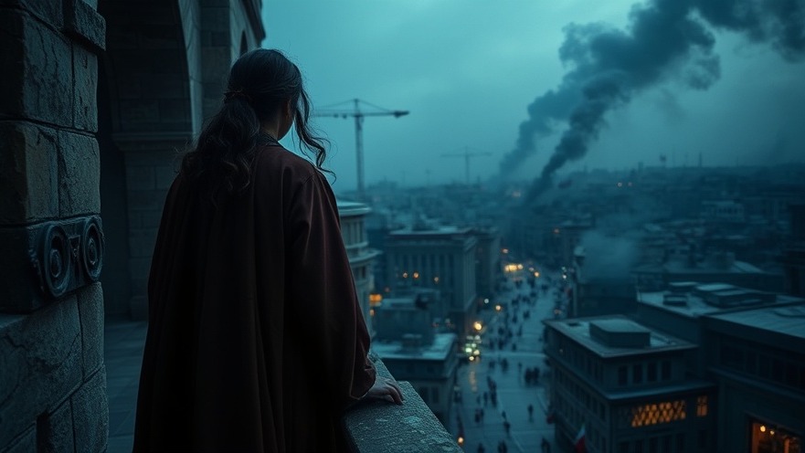 Esther in ancient robes overlooking a modern, flag-draped Iranian city, embodying prayer and prophetic insights.