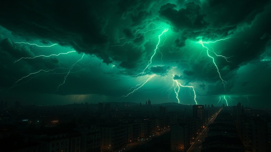 Cinematic cityscape with storm-choked sky, reflecting JosephZ's Prophetic Weather Patterns.