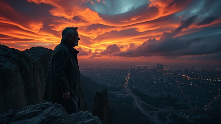 Contemplative man on cliff, city below, captures prophetic insights of the times.