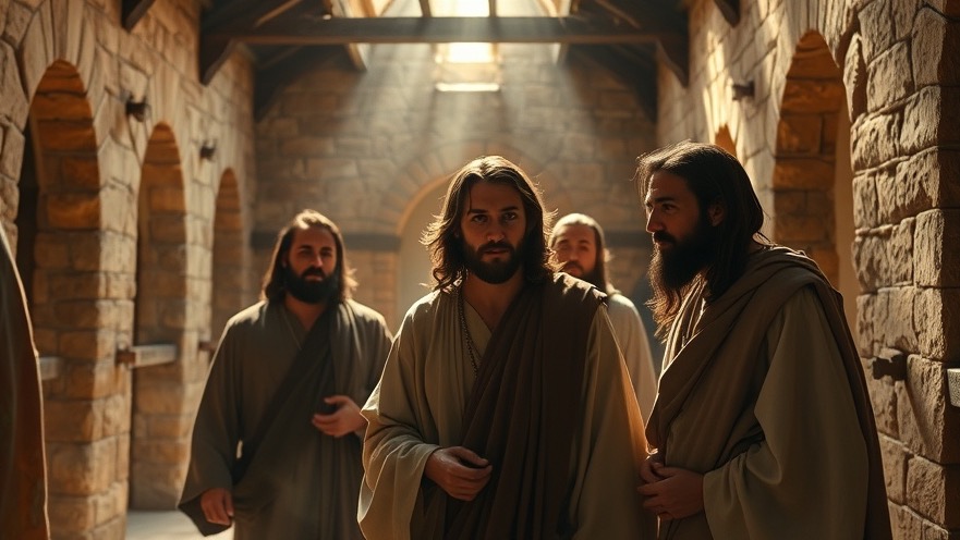 Jesus and His disciples in a timeless courtyard, reflecting spiritual gifts and identity.