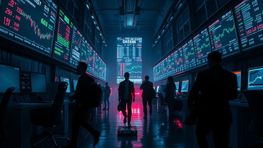 A tense scene of economic warfare with high-tech terminals and digital chaos.