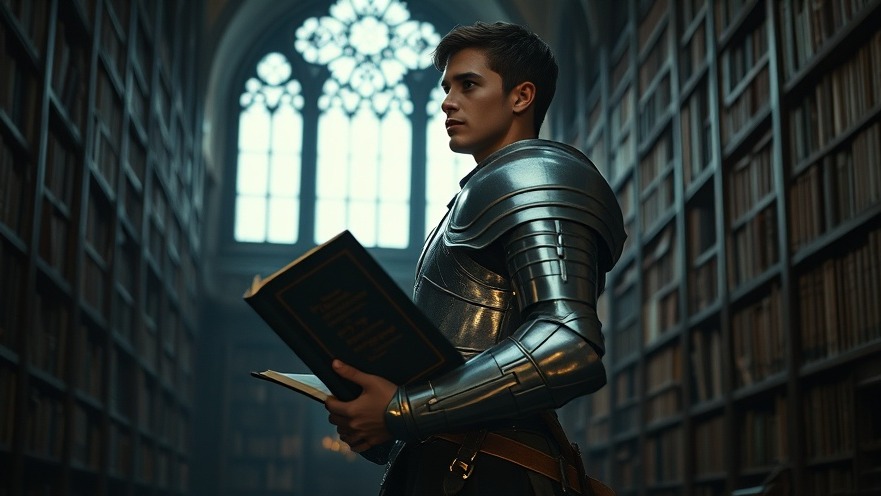 A young man in silver armor holding a Bible in a dimly lit library, symbolizing supernatural encounters.