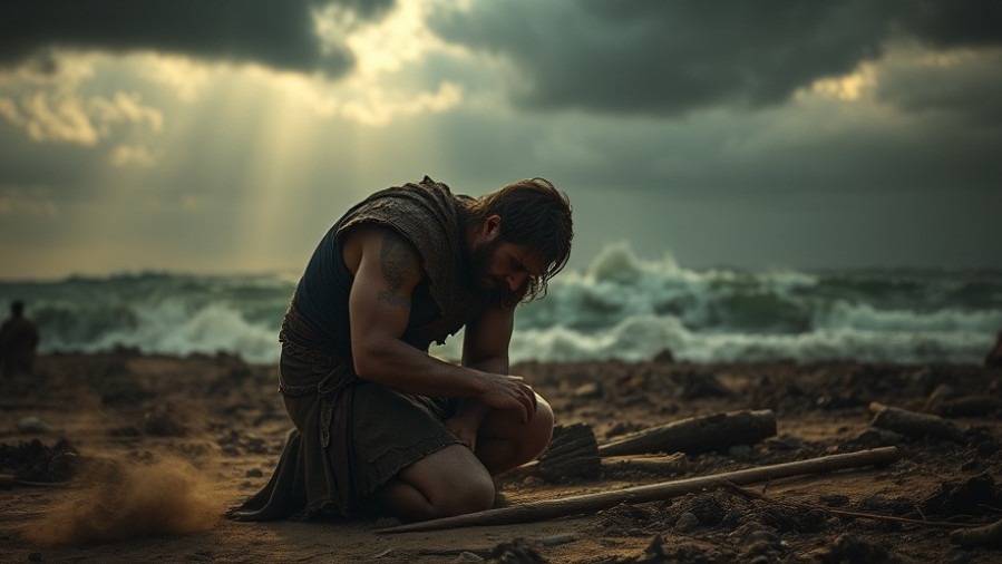 Lance Wallnau inspired warrior in despair on a ravaged battlefield, embodying prophetic insights.