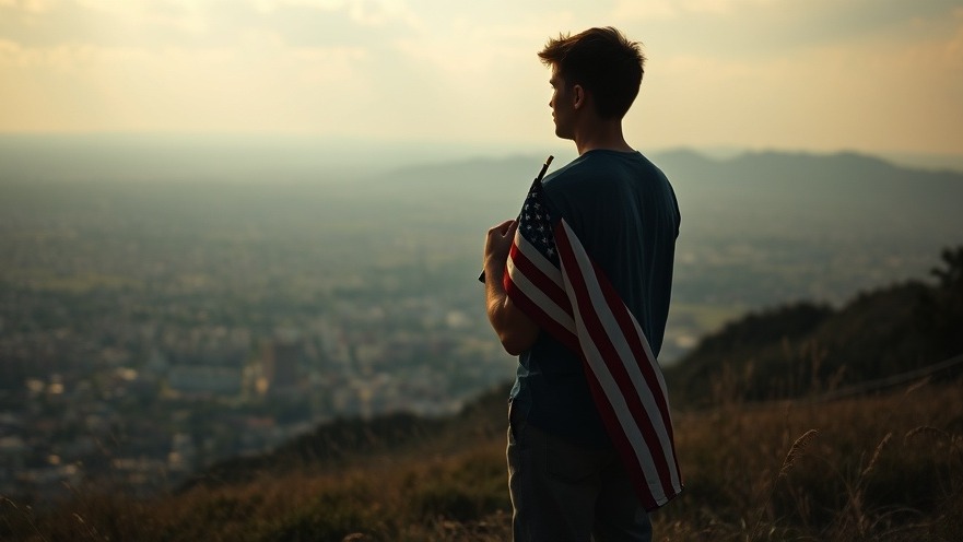 Young adult praying with American flag on a hill, embodying Dutch Sheets and collective prayer.