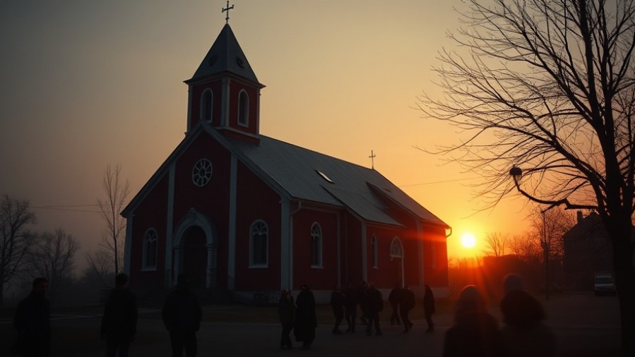 Cinematic scene of a red church at dawn, symbolizing prophetic gifts and faith breakthrough.