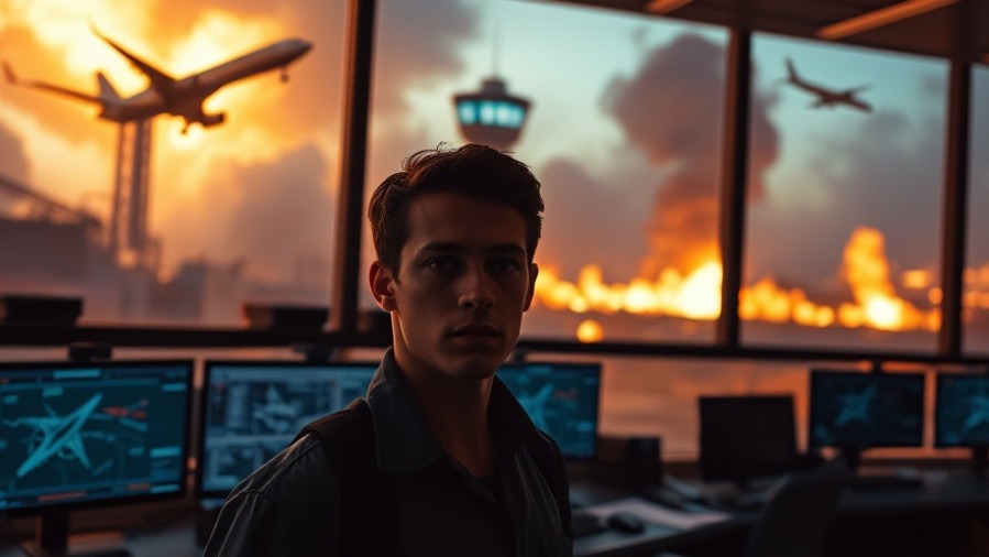 Cinematic airport scene depicting a young man reflecting prophetic insights amid an air travel crisis.