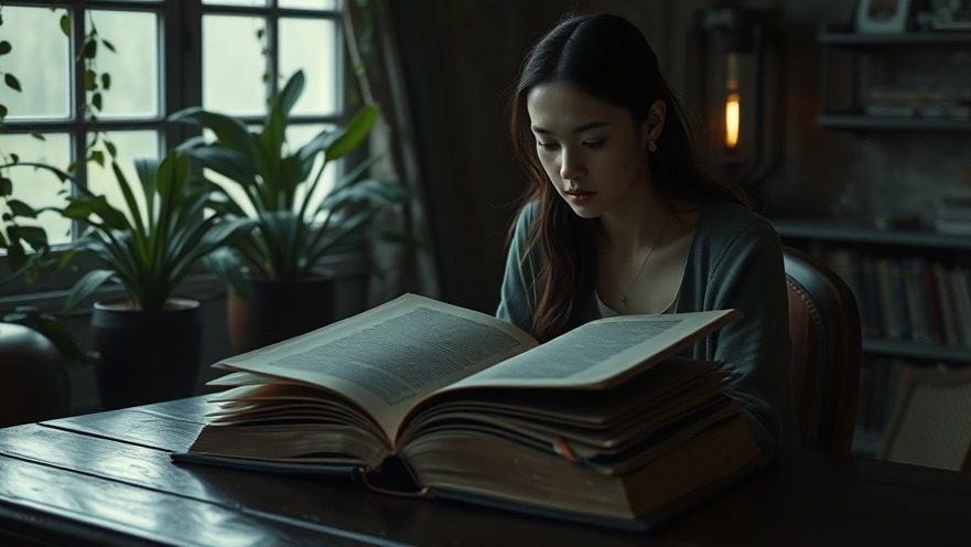 A focused young woman reading an ancient book in a dim, cinematic setting, reflecting spiritual warfare insights.