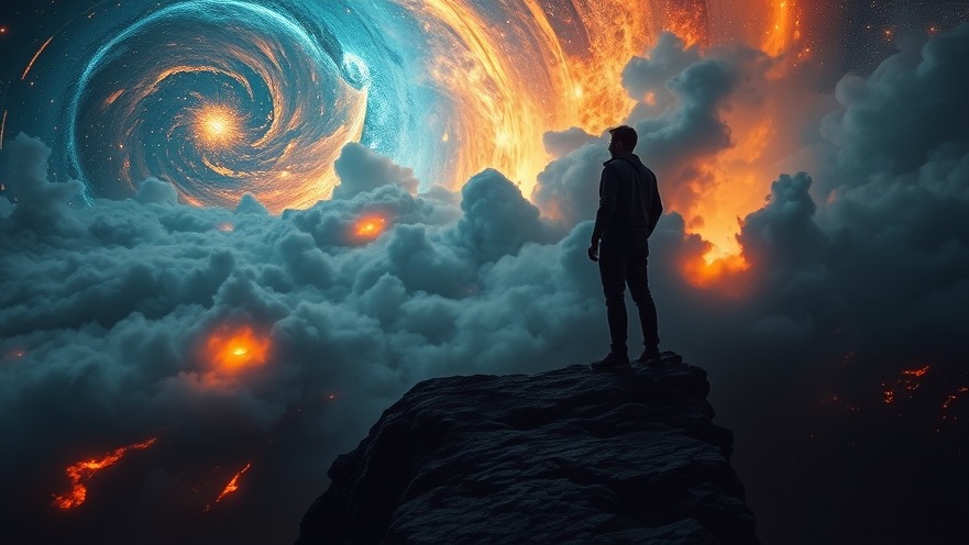 A man in deep thought on a cliff, reflecting on faith in a cosmic landscape.