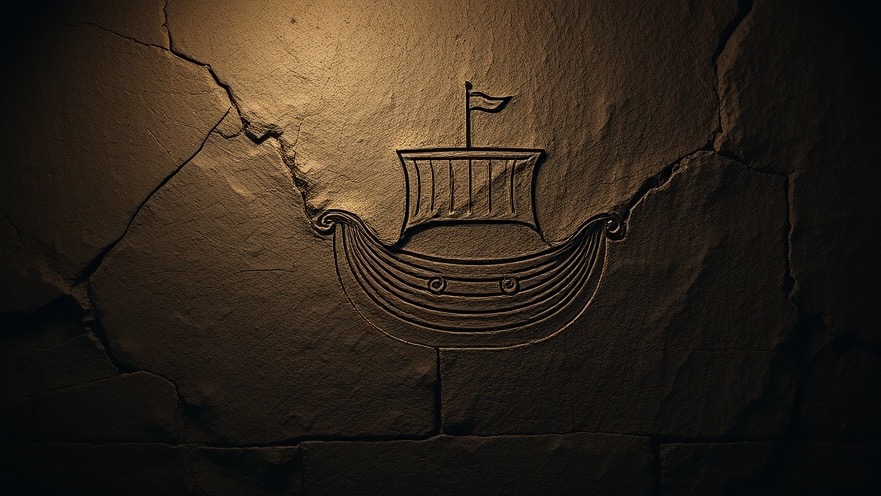 Photorealistic depiction of Noah's Ark engraved on an ancient, textured stone wall.