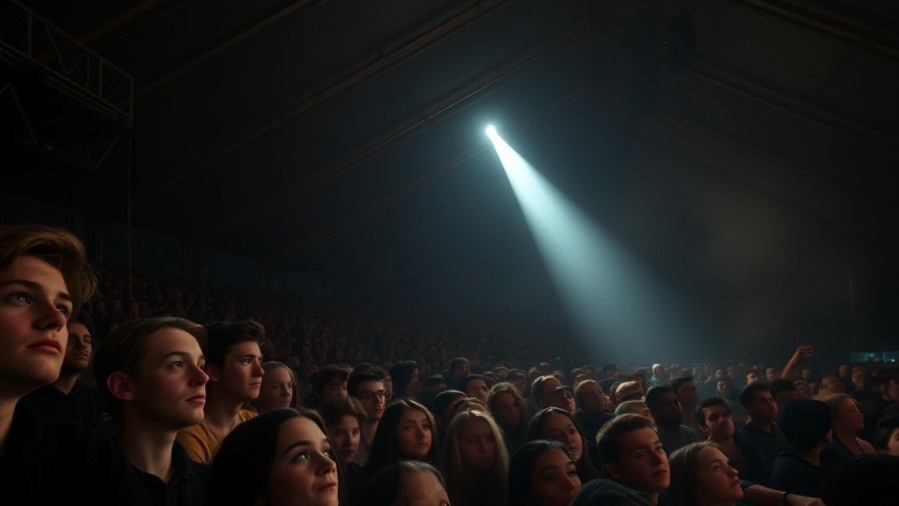 Youth revival event led by Mario Murillo, packed Gen Z crowd engaged in spiritual warfare.