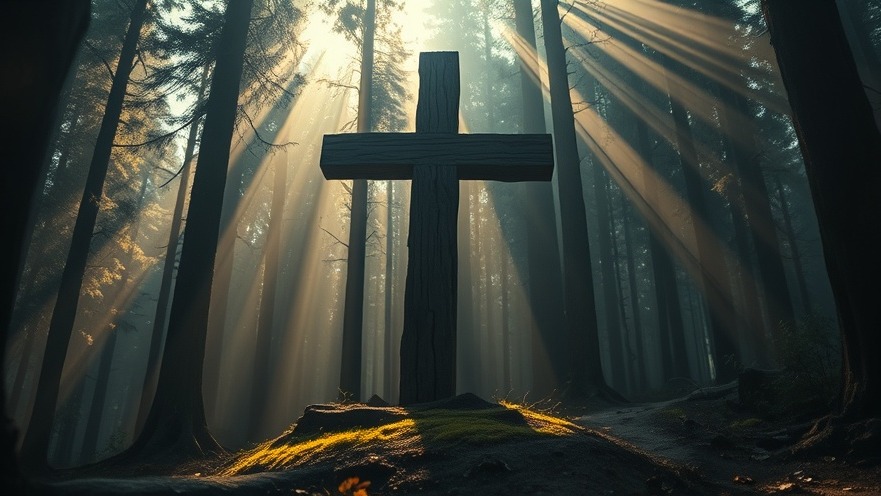 A weathered wooden cross in a dim forest, evoking prophetic insights on spiritual warfare.