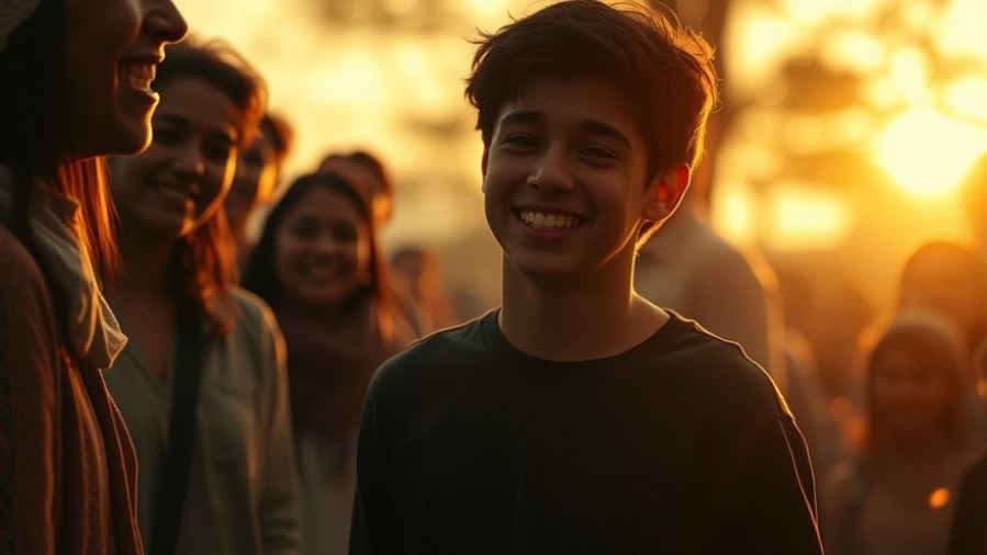 A young adult joining a smiling spiritual community at dawn, illuminated by warm sunlight.
